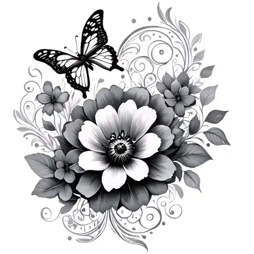 Filigree flower and butterflies tattoo design idea