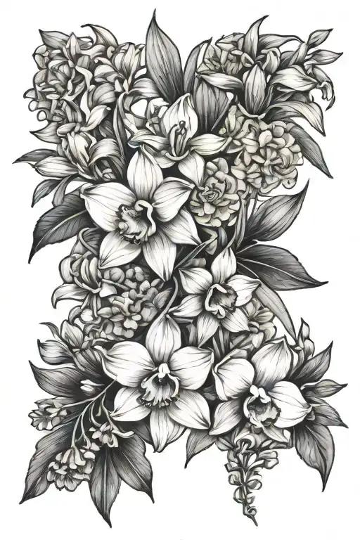 a bouquet of daffodils, orchids, and marigolds black and white tattoo design idea