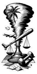 tornado sucking up scales of justice, baseball bat, baseball, airplane, passport, dumbbell, and palm tree. tattoo design idea