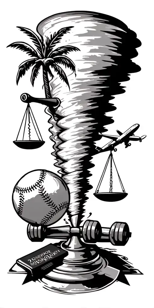 tornado sucking up scales of justice, baseball bat, baseball, airplane, passport, dumbbell, and palm tree. tattoo design idea