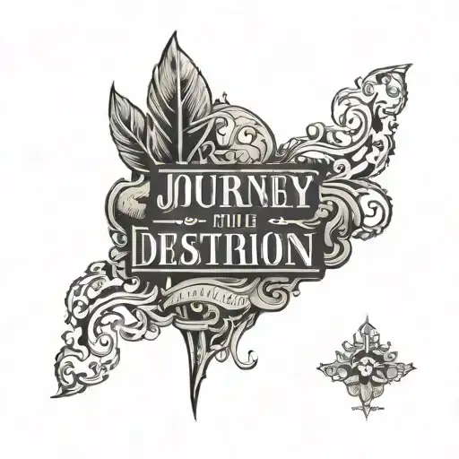 The quote 'The journey is the destination' in a serif typeface with clean, sharp lines. The letters should be evenly spa tattoo design idea