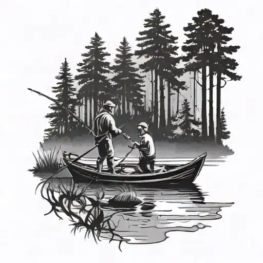 silhouette of father and two sons fishing on a boat in a forest  tattoo design idea
