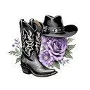 cowboy boot and hat and flowers purple rose tattoo design idea