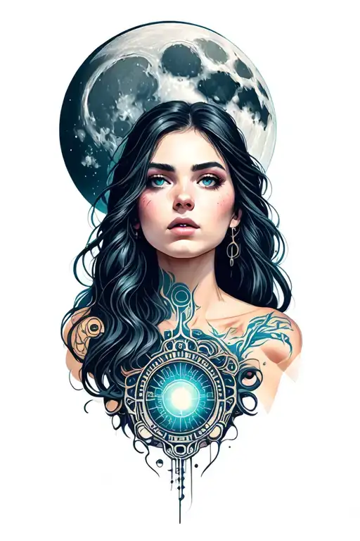 full moon with female portrait below tattoo design idea