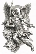 archangel michael holding a sword in front of ancient greek architecture tattoo design idea