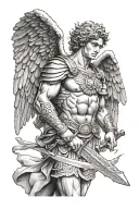 archangel michael holding a sword in front of ancient greek architecture tattoo design idea