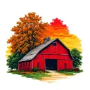 well maintained red bank barn surrounded by maple trees colors sunrise tattoo design idea