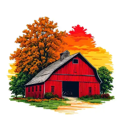 well maintained red bank barn surrounded by maple trees colors sunrise tattoo design idea