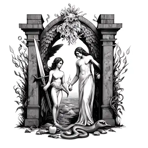 Adam and Eve casted out of garden of Eden at the gate from angel and fiery sword with snake and apple on the ground tattoo design idea