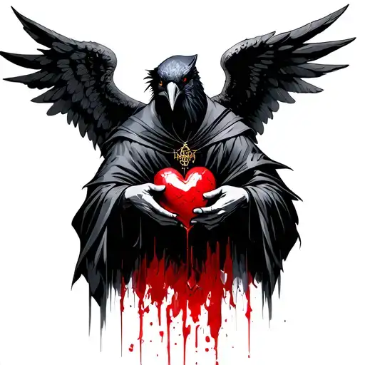 A raven dressed as a priest Satanist with the wings of an angel in a Gothic style holds a broken heart in a beak of which blood tattoo design idea