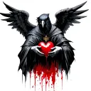 A raven dressed as a priest Satanist with the wings of an angel in a Gothic style holds a broken heart in a beak of which blood tattoo design idea