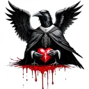 A raven dressed as a priest Satanist with the wings of an angel in a Gothic style holds a broken heart in a beak of which blood tattoo design idea