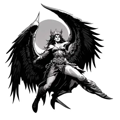 valkyrie landing with wings spread wide tattoo design idea