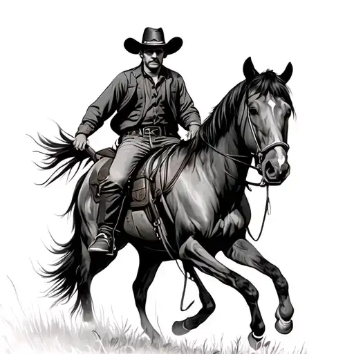 american trad cowboy on a horse walking to the camera tattoo design idea