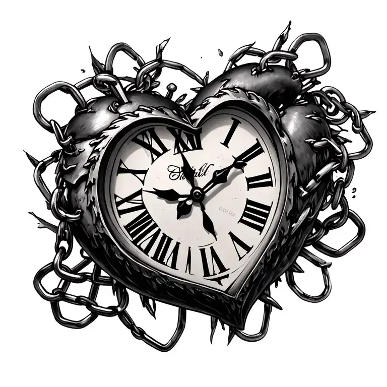 Heart clock chained tattoo design idea