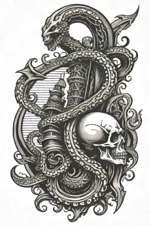 posiedon trident surrounded by tentacle and wave merging tattoo design idea
