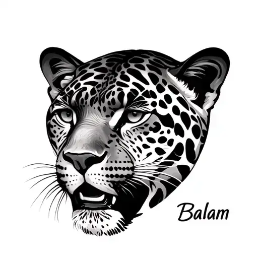 The face of a jaguar with the name of Balam tattoo design idea