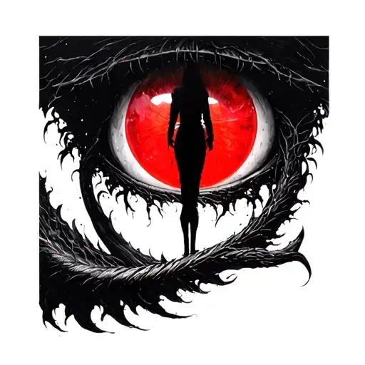 the black silhouette is 300 meters tall, looks like a human, has only one red eye with a black vertical pupil, a tail, i tattoo design idea
