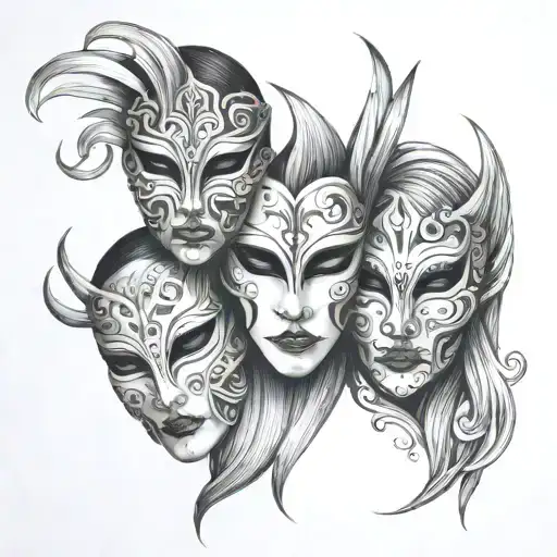 three similar simple masks that might be used in a drama or to hide one's identity overlapping  tattoo design idea