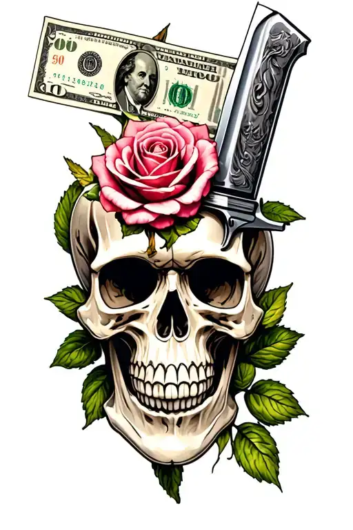 knife gun rose skull money tattoo design idea