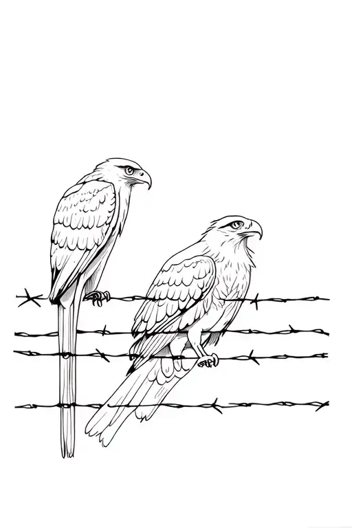 hawk and an eagle sitting on barbed wire fence tattoo design idea