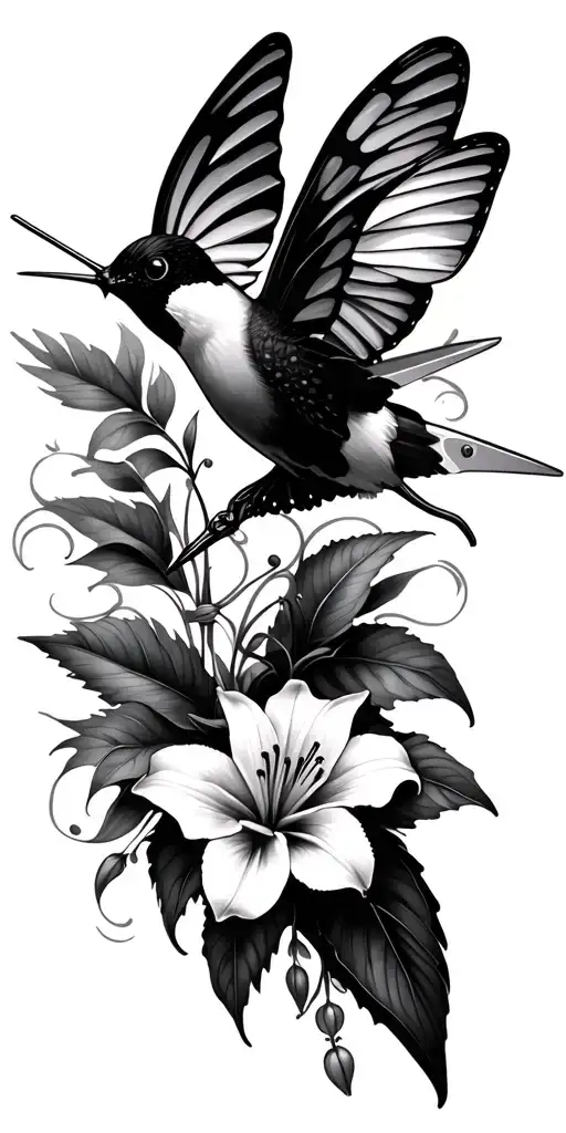 haircutting scissors, hummingbird, butterfly lily tattoo design idea