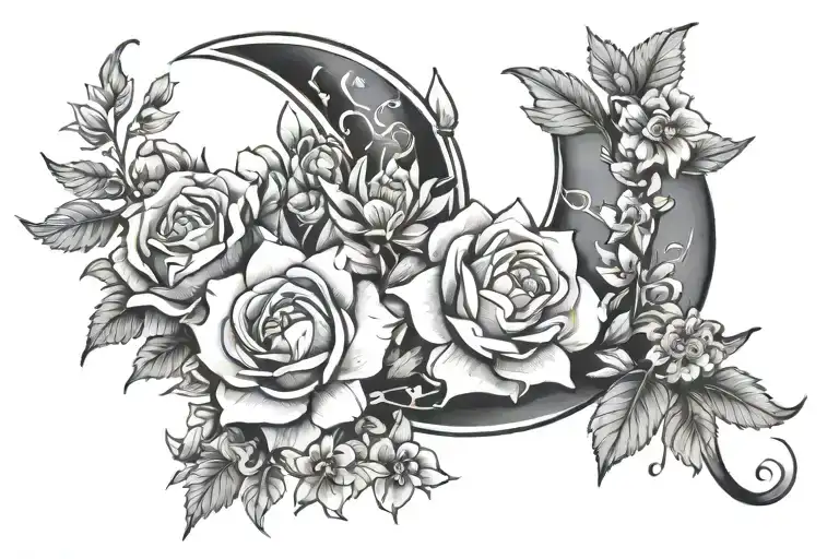 crescent moon with flowers tattoo design idea