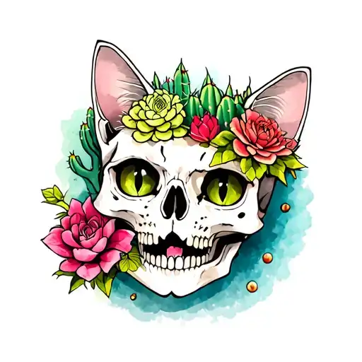 cactus and succulent in cat skull tattoo design idea