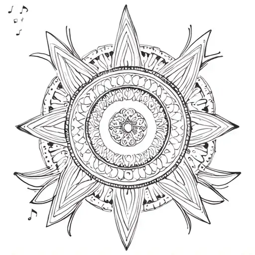 A mandala design incorporating elements of music and meditation, representing inner peace and self-expression tattoo design idea