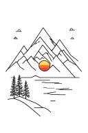 geometric outdoors mountains trees colors sunset over lake tattoo design idea