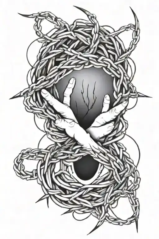 circle of barbed wire extending down to thumb print tattoo design idea