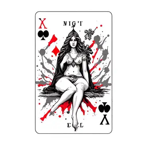 high priestess tarot card upright, sitting on a deck of cards tattoo design idea