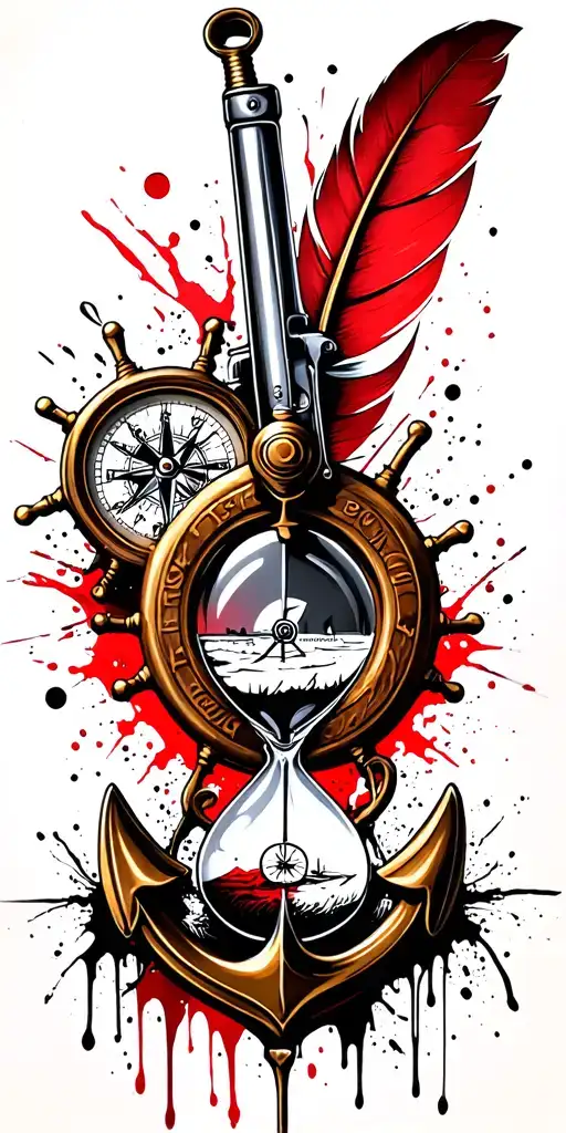 US Navy flintlock pistol, a quill pen, a nautical compass, a fouled anchor, a ship's wheel, and an hourglass tattoo design idea