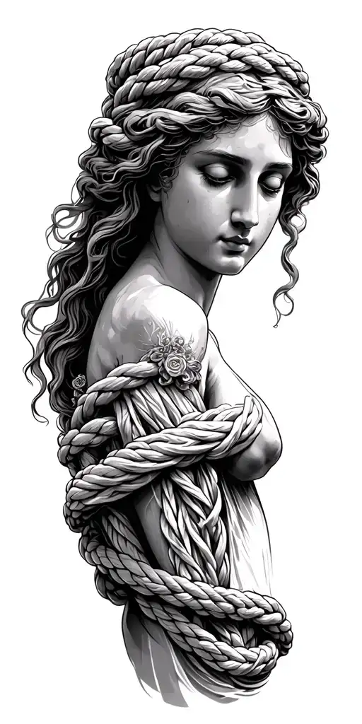Help me create a sketch for a tattoo sleeve to look at the tattoo - on top of Aphrodite - the goddess of love, on her arms rope, rope tattoo design idea