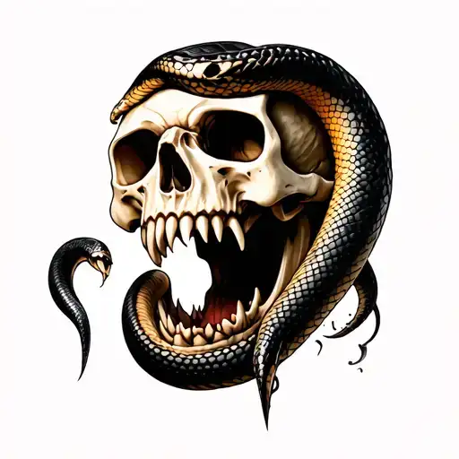 realistic skull with fangs and snake coming out the mouth facing forward  tattoo design idea