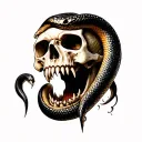 realistic skull with fangs and snake coming out the mouth facing forward  tattoo design idea