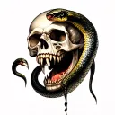 realistic skull with fangs and snake coming out the mouth facing forward  tattoo design idea