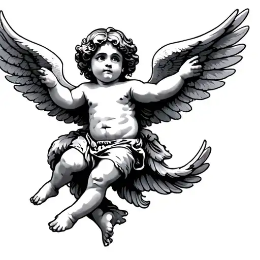 traditional american tattoo flash sheet in bold linework style, featuring quirky and unique mythical winged cherubs tattoo design idea