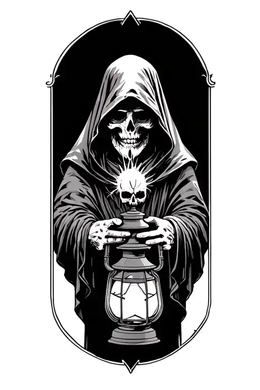 The hermit tarot walking sideways in darkness holding a lantern thats emitting light. Skull face cloaked in hood tattoo design idea