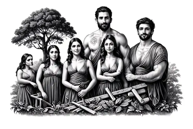 Large bicep men's tattoo of my family of 5 (2 men, 3 women) as masons constructing a utopian sanctuary and garden tattoo design idea