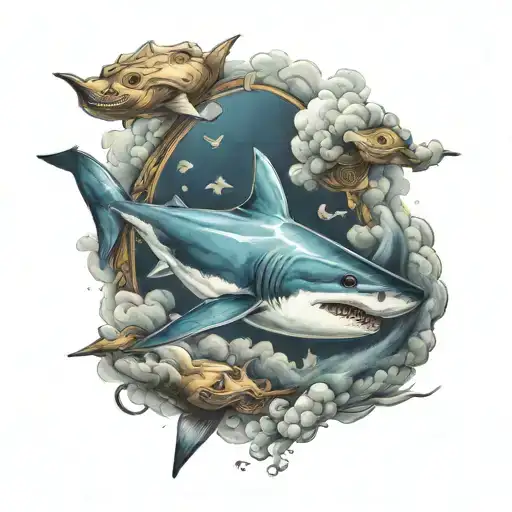 shark with mystical wisdom around it and clouds tattoo design idea