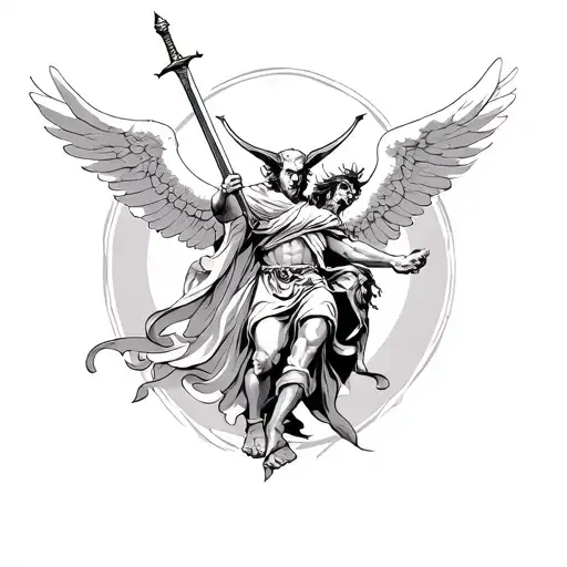 guardian angel with sword fighting demon tattoo design idea