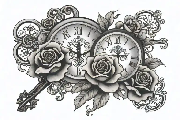 blessed on for arm with clock roses and a cross a small key that says sister  tattoo design idea