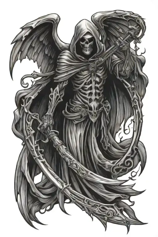 grim reaper holding scythe, armored divine angels tattoo design idea
