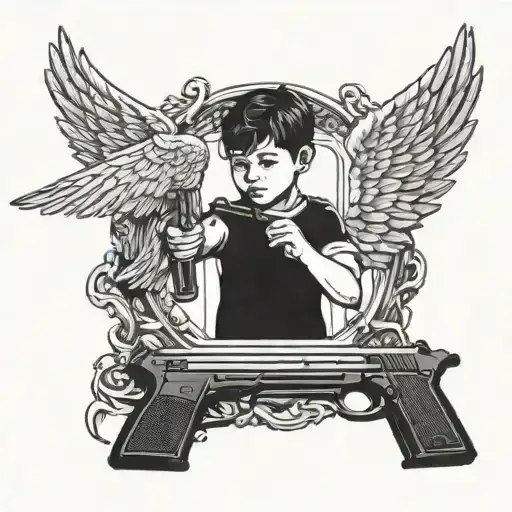 child holding gun, with angel wings, in mirror reflection tattoo design idea