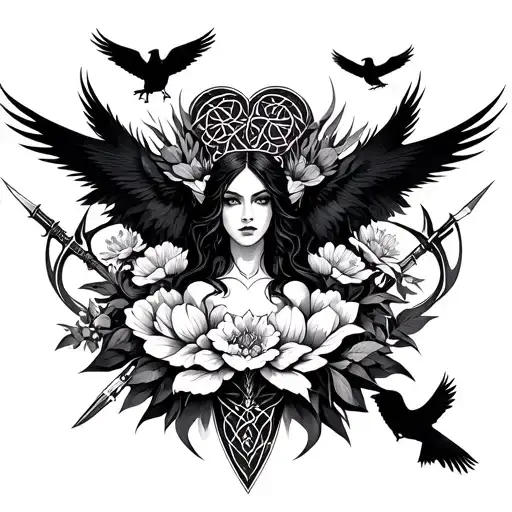 an image of the Celtic Goddess, the Morrigan. Surrounded by her associated flowers, weapons and multiple flying crows.  tattoo design idea