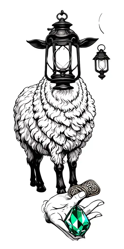 black sheep with lantern on his head and a womans hand holding the lit lantern, her hand with a large emerald gemstone r tattoo design idea