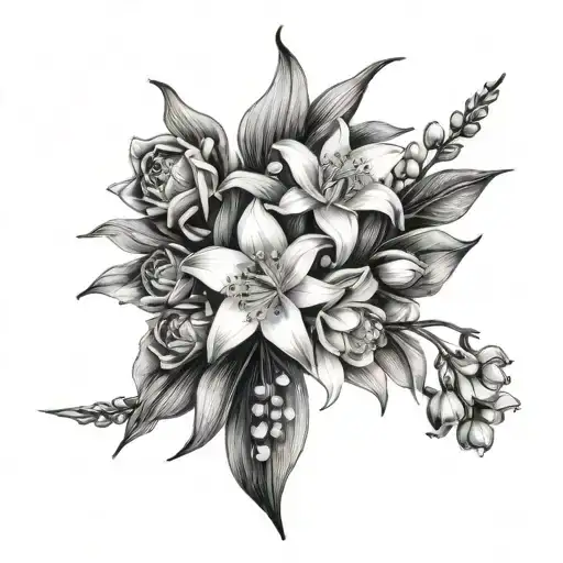 lily of the valley, water lily, rose and daffodil flowers tattoo design idea