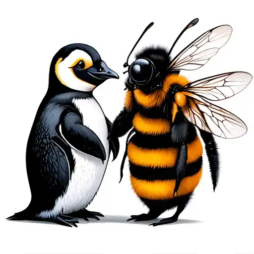 penguin and bumble bee holding hands tattoo design idea