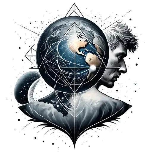 a tatto of a merkaba connecting planet earth and universe in the upper of the back betwen th soulders of a withe man wit tattoo design idea